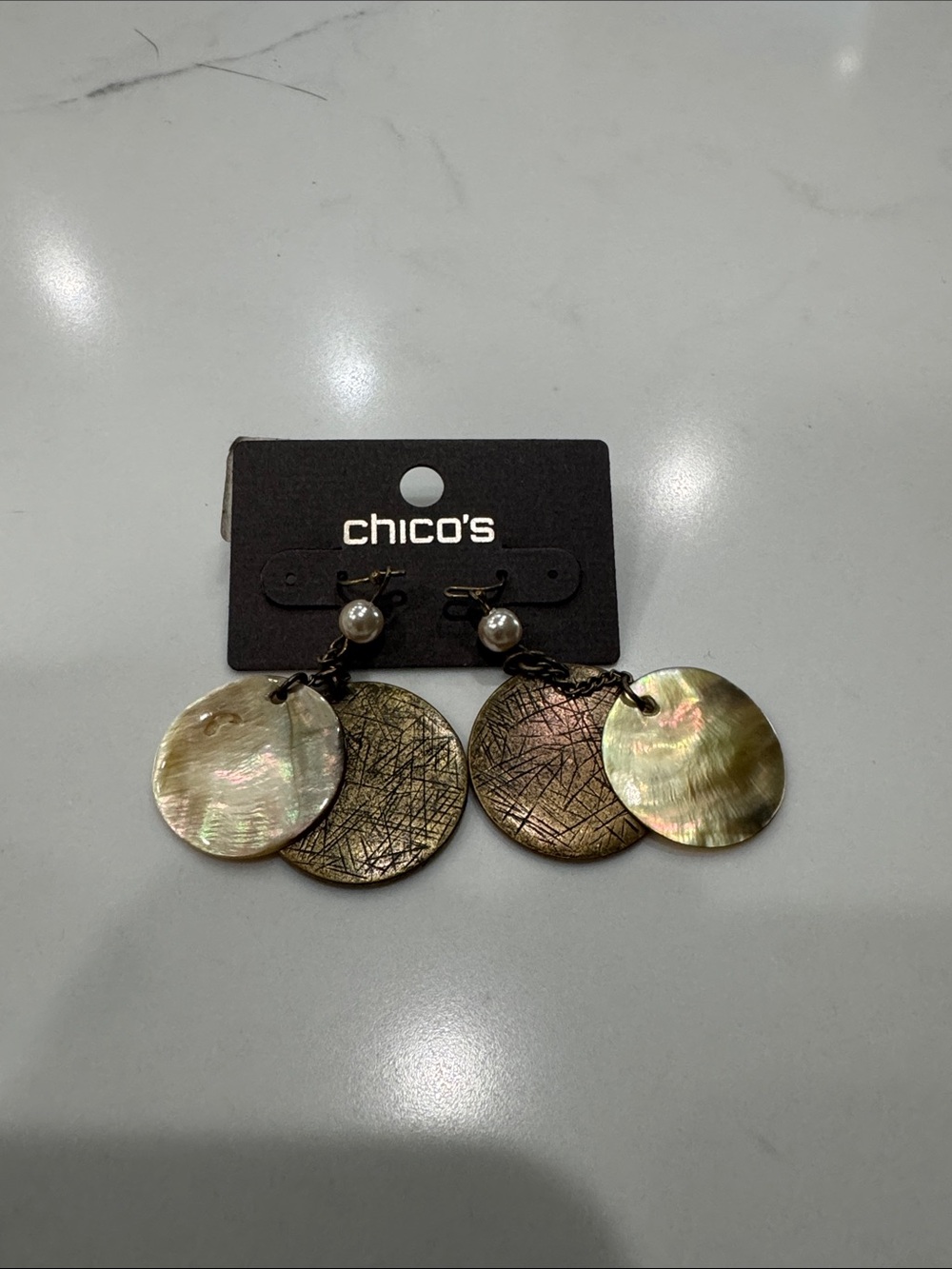 NWT Chico’s Calista Gold tone/Abalone Shell Dangle Earrings faux pearls Bohemian